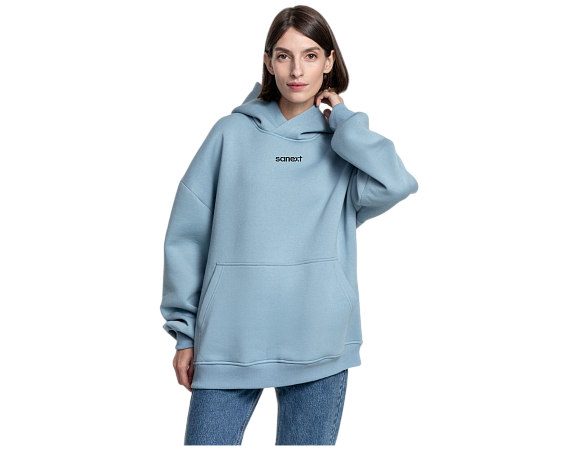 Худи SANEXT oversize с капюшоном и начесом, унисекс, серо-голубое - Изображение 10