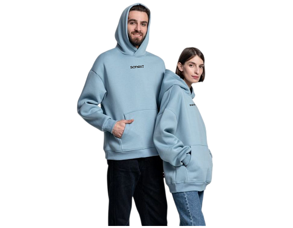 Худи SANEXT oversize с капюшоном и начесом, унисекс, серо-голубое - Изображение 11
