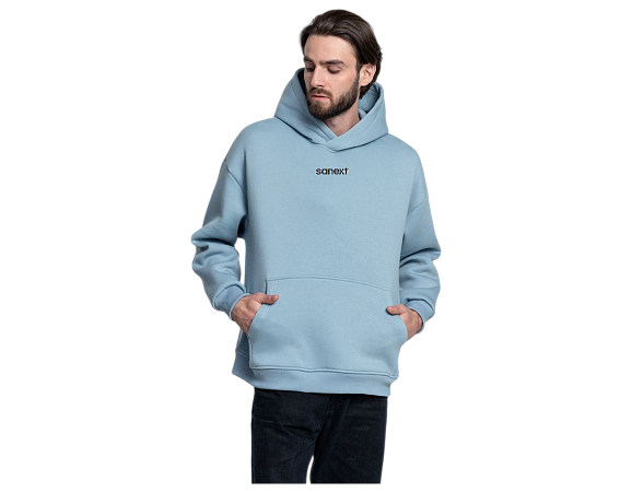 Худи SANEXT oversize с капюшоном и начесом, унисекс, серо-голубое - Изображение 5